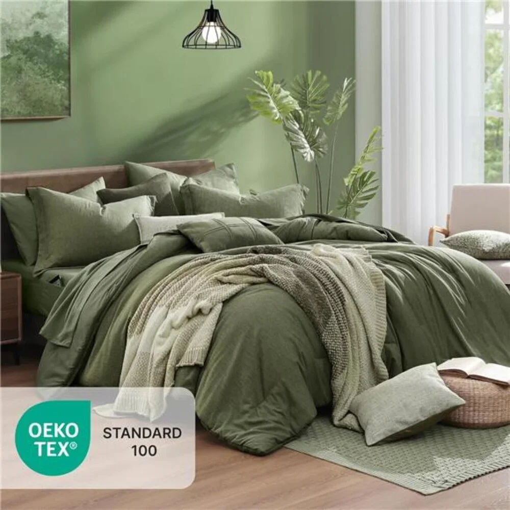 Queen Comforter Set - 7 Pieces Cationic Dyeing Olive Green Bed in a Bag Bedding